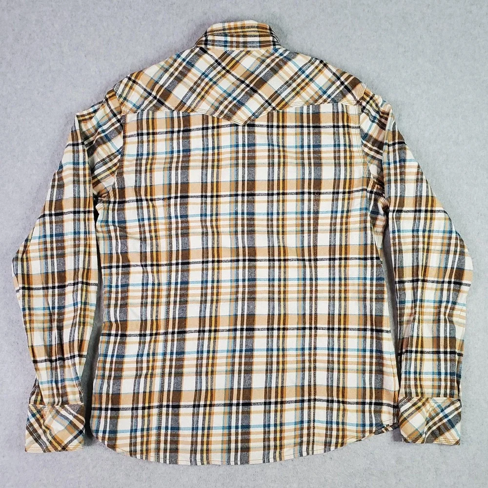 True Religion Shirt Tag Size XXXL Fits 2XL Brown Blue Plaid Pearl Snap Flannel